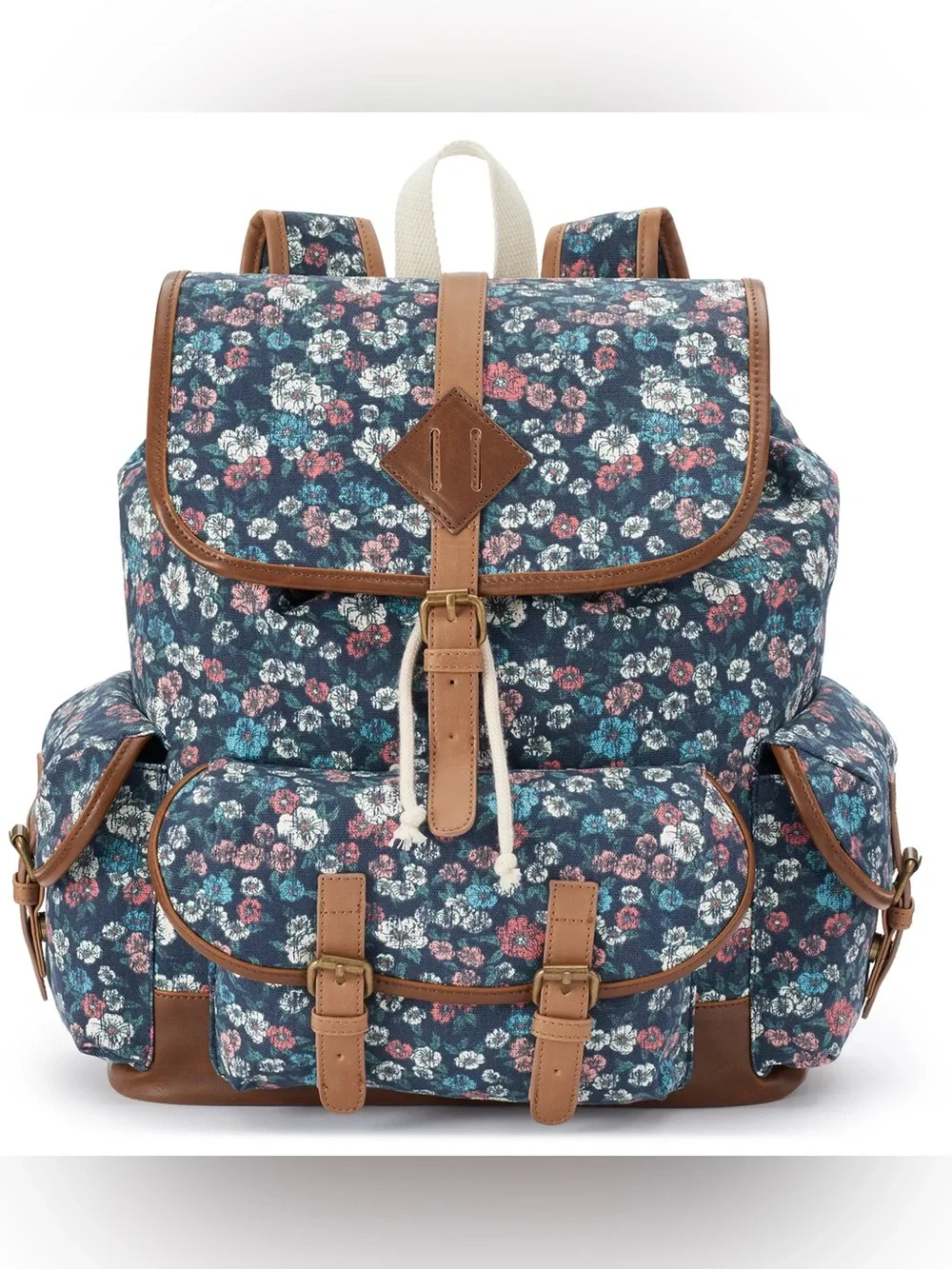 Vintage Y2K 90s MUDD Canvas Floral Print Boho Backpack Satchel Bag Faux Leather